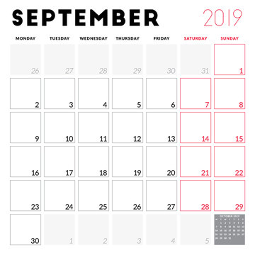 Calendar planner for September 2019. Week starts on Monday. Printable vector stationery design template