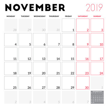 Calendar planner for November 2019. Week starts on Monday. Printable vector stationery design template