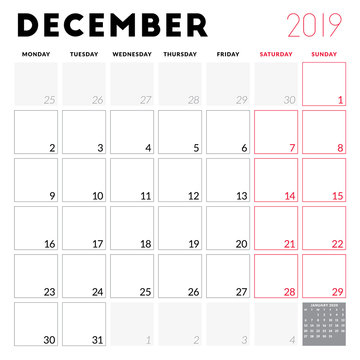 Calendar planner for December 2019. Week starts on Monday. Printable vector stationery design template