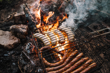 Fresh sausage and hot dogs grilling outdoors on a gas barbecue grill.
