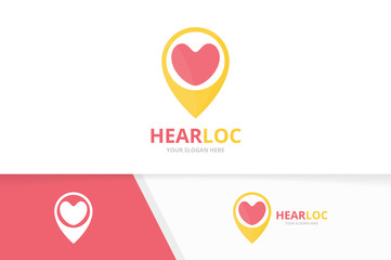 Vector heart and map pointer logo combination. Love and gps locator symbol or icon. Unique romantic and pin logotype design template.