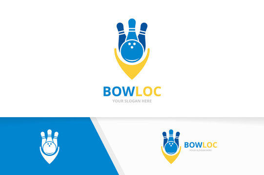 Vector bowling and map pointer logo combination. Game and gps locator symbol or icon. Unique kegling and pin logotype design template.