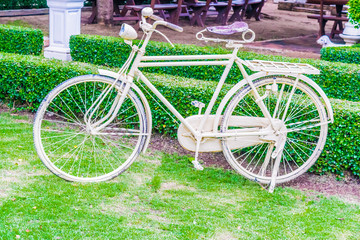Fototapeta na wymiar White bike In the park there is a green tree. Bicycle Show Garden Decoration