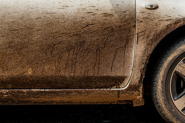 Fototapeta premium Asphalt on a white car difficult to clean dirty car,