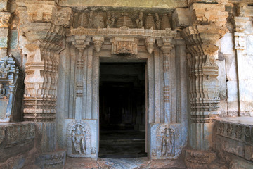 Fototapeta na wymiar Carved pillars and doorjambs at the entrance, Adinatha Basadi, Basadi, Basadi Halli, Karnataka