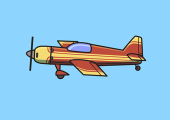 Single-engine piston aircraft, airplane. Flat vector illustration. Isolated on blue background.