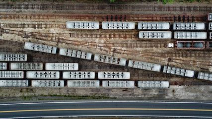Aerial view of train tracks and train cars in the Tennessee Smoky Mountains