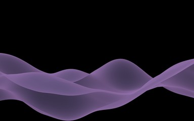 Abstract purple wave. Raster air background. Bright purple ribbon on dark background. Purple scarf. Abstract smoke. 3d illustration