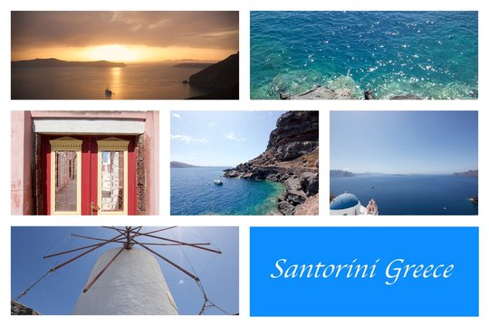 A collage of beautiful summer photos in Santorini island, Greece