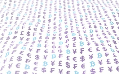 Bitcoin and currency on a white background. Digital Cryptocurrency symbol. Wave effect, currency market fluctuations. Business concept. 3D illustration