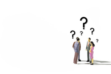 A small group of miniature businessman  stand meeting searching answer on white background.