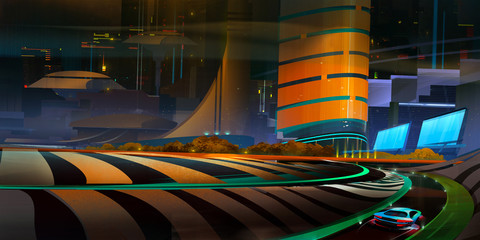 drawn fantastic night city landscape with road and car © khius