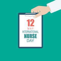 12 May. International Nurse Day background. Close-up of a female doctor with lab coat in her office holding a clipboard. Vector flat illustration