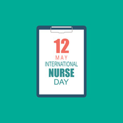 12 May. International Nurse Day background. Close-up of a female doctor with lab coat in her office holding a clipboard. Vector flat illustration