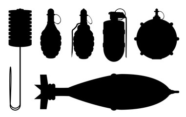 Set of hand grenade silhouettes for design and graphical layouts