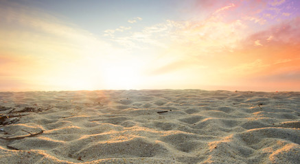 Global warming concept： sand dunes under dramatic evening sunset sky at drought desert landscape