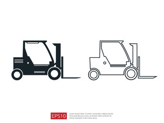 Forklift truck line icon. warehouse fork loader vector illustration. delivery truck symbol for supply storage service, logistic company, freight load, cargo, shipping, transportation.