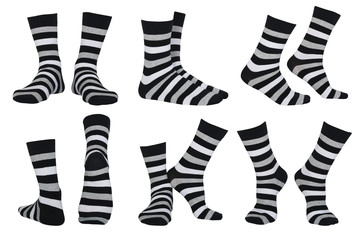set of male striped socks in different poses isolated on white