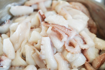 Fototapeta na wymiar heap of fresh raw octopus or squid or calamari
