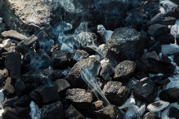 Black coal and ash, prepared for barbecue grill