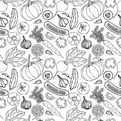 Vegetable Seamless Pattern with Cucumbers, Red Tomatoes, Bell Pepper, Beet, Carrot, Onion, Garlic, Chilli, Pumpkine. Fresh Green Salad. Healthy Vegetarian Food. Hand Drawn Illustration. Doodle Style.