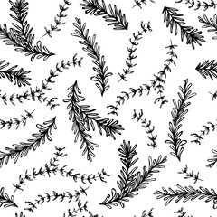 Rosemary and Thyme Seamless Endless Vector Background. Fresh Green Herbs for Meat, Steak or Seafood Cooking. Hand Drawn Illustration. Doodle Style.
