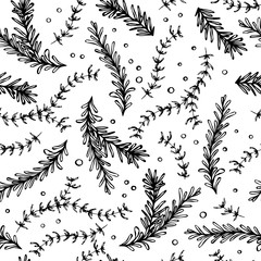 Pepper, Rosemary and Thyme Seamless Endless Vector Background. Fresh Green Herbs for Meat, Steak or Seafood Cooking. Hand Drawn Illustration. Doodle Style.