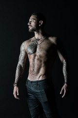 Tattooed man show sexy muscular torso. Sportsman with six pack and ab. Bodybuilder with biceps and triceps. Fashion model with tattoo in jeans. Bodycare with fitness and sport in vintage filter