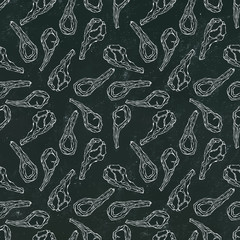 Seamless Endless Pattern with Lamb Ribs or Rack of Lamb. Meat Guide for Butcher Shop or Steak House Restaurant Menu. Hand Drawn Illustration. Doodle Style. Black Board Background and Chalk.