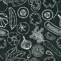 Vegetable Seamless Pattern with Cucumbers, Red Tomatoes, Bell Pepper, Beet, Carrot, Onion, Garlic, Chilli. Fresh Green Salad. Hand Drawn Illustration. Doodle Style. Black Board Background and Chalk