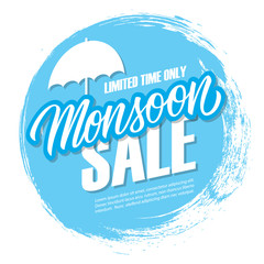 Monsoon Sale special offer banner with handwritten text design and circle brush stroke background for monsoon season shopping, promotion and advertising. Vector illustration.