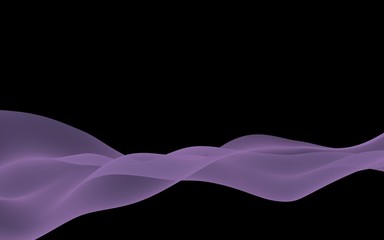 Abstract purple wave. Raster air background. Bright purple ribbon on dark background. Purple scarf. Abstract smoke. 3d illustration