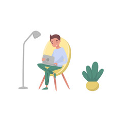 Smiling guy sitting on armchair and using laptop. Profession of graphic designer. Young freelancer working at home. Flat vector design