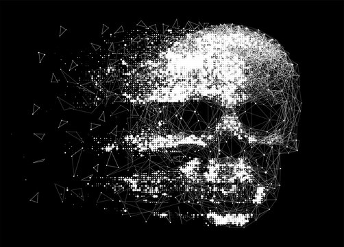 Vector skull illustration made by interlacing network of thin lines, and grungy halftone effect. Low poly line art.