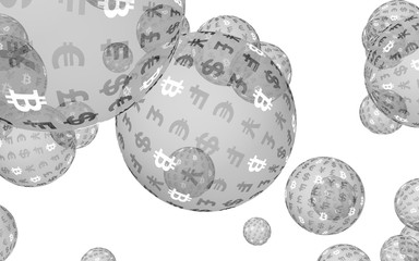 Bitcoin economic financial bubble. Cryptocurrency 3D illustration. Digital white background. Business concept.