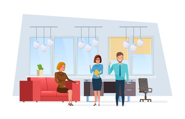 Workers, colleagues, in office room, rest, report details of report.