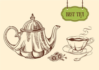 Kettle, cup, tea. Vector illustration.