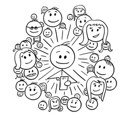 Cartoon stick drawing conceptual illustration of man and his social network connections, friends or community.