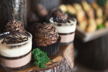 Deliciuos cupcake and tiramisu on wooden tray