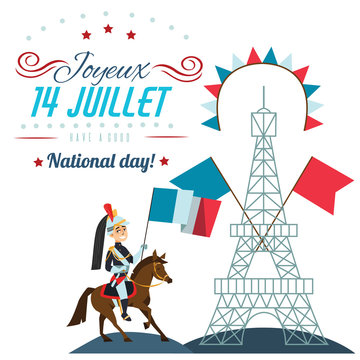 Horse Guards Parade Happy Bastille Day. 14th july independence day vive la france Creative Vector illustration French National holiday Man with flag on equine