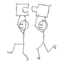 Cartoon stick drawing conceptual illustration of two men or businessmen holding jigsaw puzzle pieces matching together. Business concept of teamwork, problem and solution.