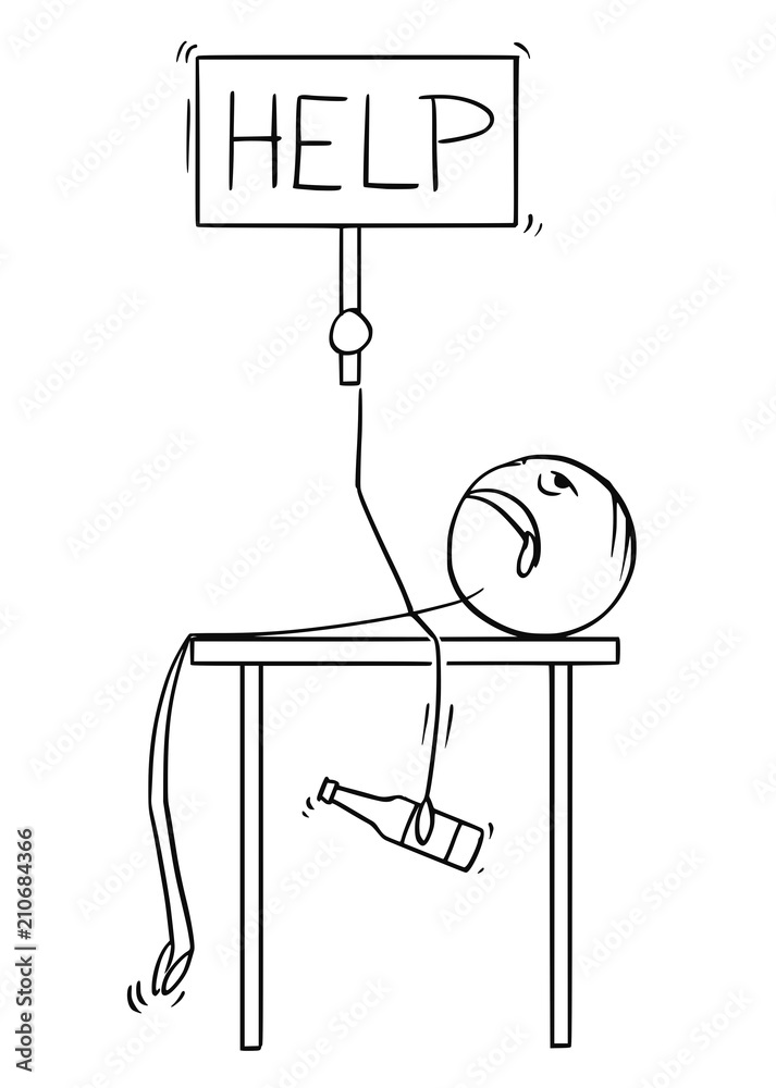 Sticker Cartoon stick drawing conceptual illustration of drunken man lying on table or desk with beer bottle in hand and holding help sign.