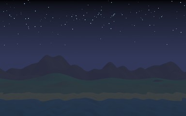 Naklejka premium Starry moonless sky. Ocean shore line with waves on a beach. Island beach paradise with waves. Vacation, summer, relaxation. Seascape, seashore. Minimalist landscape, primitivism. 3D illustration