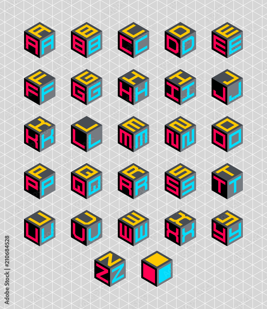 Poster Cubic isometric alphabet set. Vector geometric font