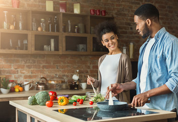 Loving african-american couple preparing dinner in loft kitchen