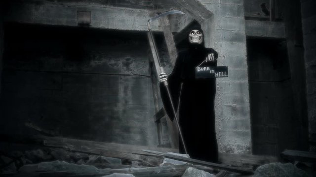 death with a scythe raises a sign with the inscription burh in hell