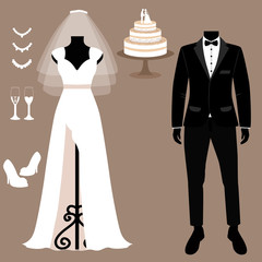 Wedding card with the clothes of the bride and groom. Wedding set.