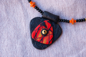 Tribal african black and red choker necklace with pendant.Handmade jewelry from polymer clay....