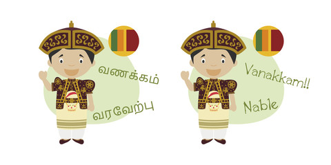 Vector illustration of cartoon characters saying hello and welcome in Tamil and its transliteration into latin alphabet © asantosg