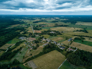 Fototapeta na wymiar drone image. aerial view of rural area with houses and roads under heavy rain clouds